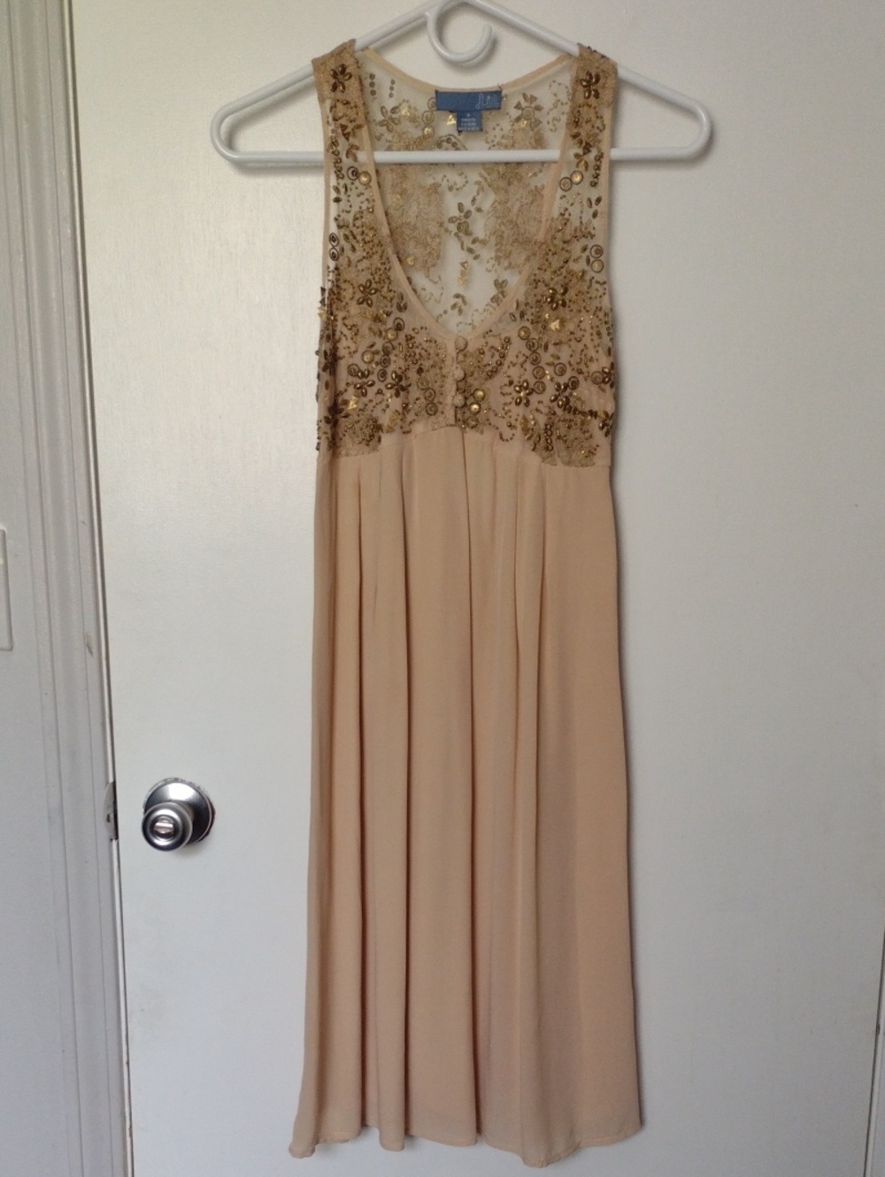 NEW Anthropologie 100% Silk Pale Pink Peach Gold Beaded Midi Dress Size XS 0
